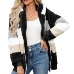 AFFA Fall Winter Coats Hoodies for Women Zipper Sherpa Fuzzy Fleece Jackets Plus Size Striped Casual Warm Coat Fashion Tops Black