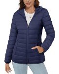 MAGCOMSEN Hooded Puffer Jacket Women with 4 Pockets Quilted Padded Jacket Lightweight Full Zip Winter Long Sleeve Coat, Navy Blue M