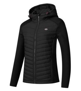 MoFiz Women's Full Zip Hybrid Running Jacket Breathable Fleece Warm Outdoor Hiking Hooded Jacket Coat Black,XL