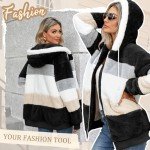 AFFA Fall Winter Coats Hoodies for Women Zipper Sherpa Fuzzy Fleece Jackets Plus Size Striped Casual Warm Coat Fashion Tops Black