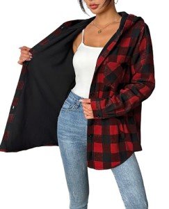 Hotouch Plaid Jacket Women Long Sleeve Button Down Fleece Hooded Shackets Warm Coats Red