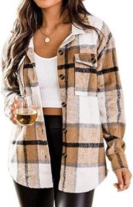 Womens Winter Jacket Coats Dressy Long Sleeve Button-down Shirts Long Plaid Shackets
