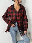 Hotouch Plaid Jacket Women Long Sleeve Button Down Fleece Hooded Shackets Warm Coats Red