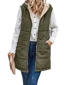 Famulily Women Coat Vest Zipper Cosy Loose Sleeveless Hooded Vest Winter Lightweight Zip Outdoor Reversible Jacket with Pockets Army green M