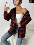 Hotouch Plaid Jacket Women Long Sleeve Button Down Fleece Hooded Shackets Warm Coats Red