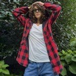 Hotouch Plaid Jacket Women Long Sleeve Button Down Fleece Hooded Shackets Warm Coats Red