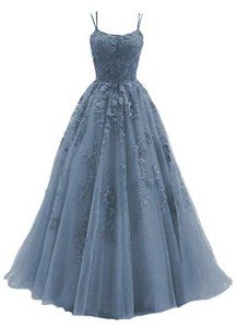 Chupeng Women's Dusty Blue Lace Applique Prom Dress