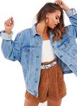 Justalwart Women's Oversized Vintage Denim Jacket Long Sleeve Boyfriend Coat, Light Blue Washed, Medium