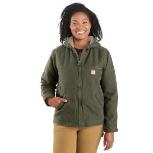 Carhartt Women's Loose Fit Washed Duck Sherpa Lined Jacket, Basil, Small