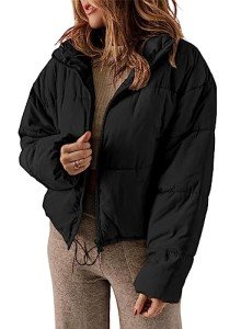 Dokotoo Puffer Jacket Womens Winter Casual Quilted Jackets Fashion Fall Crop Full Zip Up Long Sleeve Drop Shoulder Oversized Stand Collar Padded Coats Baggy Warm Outerwear with Pockets Black Large