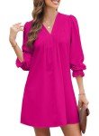 Hot Pink V-Neck Puff Sleeve Prom Dress