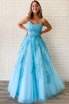 Chupeng Women's Dusty Blue Lace Applique Prom Dress