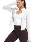 QUEENIEKE Workout Running Jackets for Women Zip Up Athletic Yoga BBL Jacket Cropped Tops with Thumb Holes (White, M)