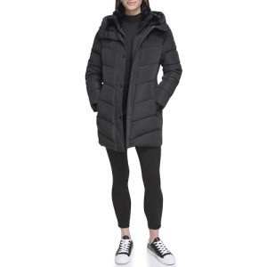 Calvin Klein Women's Long Bib-Front Puffer Jacket, Black, Small