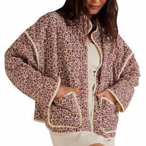 AMDBEL Womens Puffer Jacket Cropped, Women's Cropped Puffer Jacket Lightweight Floral Print Long Sleeve Padded Quilted Puffy Cardigan Coat, Puffer Jacket Womens with Hood Pink