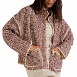 AMDBEL Womens Puffer Jacket Cropped, Women's Cropped Puffer Jacket Lightweight Floral Print Long Sleeve Padded Quilted Puffy Cardigan Coat, Puffer Jacket Womens with Hood Pink