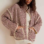 AMDBEL Womens Puffer Jacket Cropped, Women's Cropped Puffer Jacket Lightweight Floral Print Long Sleeve Padded Quilted Puffy Cardigan Coat, Puffer Jacket Womens with Hood Pink