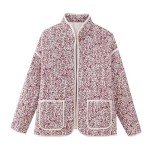 AMDBEL Womens Puffer Jacket Cropped, Women's Cropped Puffer Jacket Lightweight Floral Print Long Sleeve Padded Quilted Puffy Cardigan Coat, Puffer Jacket Womens with Hood Pink
