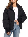 MEROKEETY Women's 2024 Winter Long Sleeve Zip Puffer Jacket Pockets Baggy Short Coats, Black, Medium