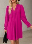 Hot Pink V-Neck Puff Sleeve Prom Dress