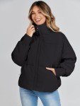 MEROKEETY Women's 2024 Winter Long Sleeve Zip Puffer Jacket Pockets Baggy Short Coats, Black, Medium