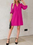 Hot Pink V-Neck Puff Sleeve Prom Dress