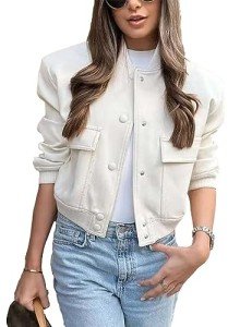 Megfie Womens Cropped Bomber Jacket Button Down Varsity Jackets Shackets With Pockets, Beige, Medium