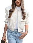 Megfie Womens Cropped Bomber Jacket Button Down Varsity Jackets Shackets With Pockets, Beige, Medium