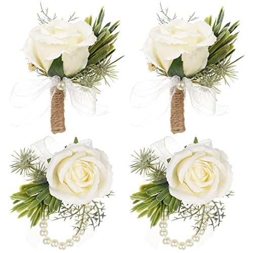 Guador Wedding Boutonniere, 2 Set White Rose Boutonniere and Roses Wrist Corsage Handmade Corsage Buttonhole Flowers Boutonniere Set Rhinestone Ribbon Flower Wedding Accessories