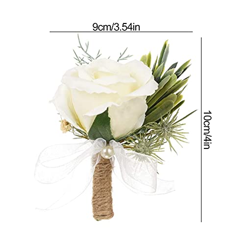 Guador Wedding Boutonniere, 2 Set White Rose Boutonniere and Roses Wrist Corsage Handmade Corsage Buttonhole Flowers Boutonniere Set Rhinestone Ribbon Flower Wedding Accessories