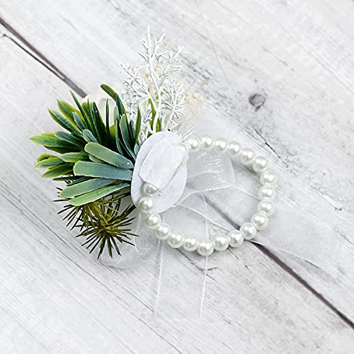 Guador Wedding Boutonniere, 2 Set White Rose Boutonniere and Roses Wrist Corsage Handmade Corsage Buttonhole Flowers Boutonniere Set Rhinestone Ribbon Flower Wedding Accessories