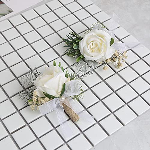 Guador Wedding Boutonniere, 2 Set White Rose Boutonniere and Roses Wrist Corsage Handmade Corsage Buttonhole Flowers Boutonniere Set Rhinestone Ribbon Flower Wedding Accessories