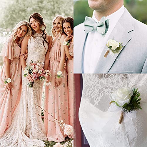 Guador Wedding Boutonniere, 2 Set White Rose Boutonniere and Roses Wrist Corsage Handmade Corsage Buttonhole Flowers Boutonniere Set Rhinestone Ribbon Flower Wedding Accessories