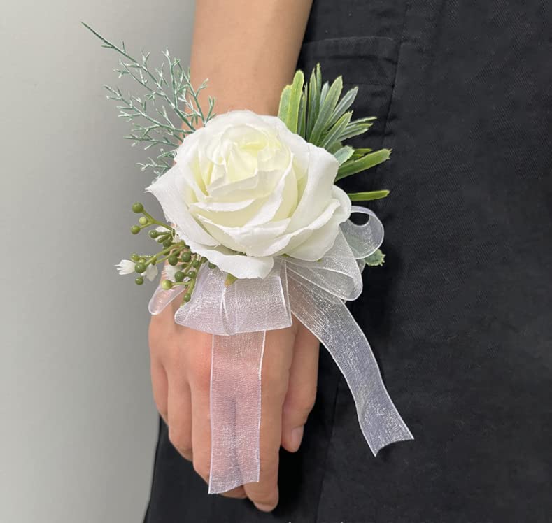 Guador Wedding Boutonniere, 2 Set White Rose Boutonniere and Roses Wrist Corsage Handmade Corsage Buttonhole Flowers Boutonniere Set Rhinestone Ribbon Flower Wedding Accessories