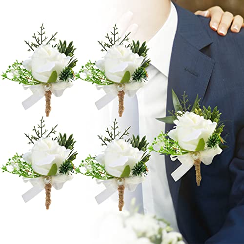 White Rose Boutonniere Set for Weddings