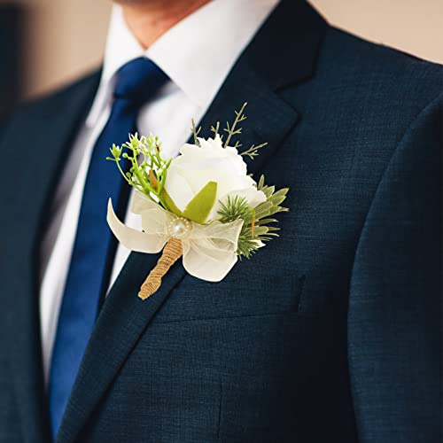 White Rose Boutonniere Set for Weddings