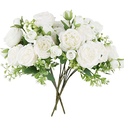 VINFUTUR 3 Bunches Artificial Peony Silk Flowers Fake Peony Silk Hydrangea Bouquet Bridal Bouquet for Wedding, Party, Home Decoration (White)