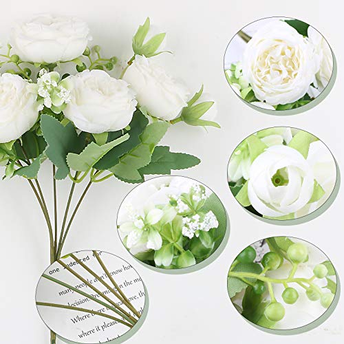 VINFUTUR 3 Bunches Artificial Peony Silk Flowers Fake Peony Silk Hydrangea Bouquet Bridal Bouquet for Wedding, Party, Home Decoration (White)