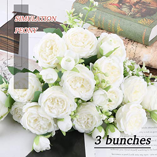 VINFUTUR 3 Bunches Artificial Peony Silk Flowers Fake Peony Silk Hydrangea Bouquet Bridal Bouquet for Wedding, Party, Home Decoration (White)