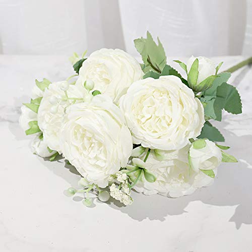 VINFUTUR 3 Bunches Artificial Peony Silk Flowers Fake Peony Silk Hydrangea Bouquet Bridal Bouquet for Wedding, Party, Home Decoration (White)