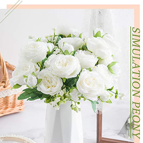 VINFUTUR 3 Bunches Artificial Peony Silk Flowers Fake Peony Silk Hydrangea Bouquet Bridal Bouquet for Wedding, Party, Home Decoration (White)