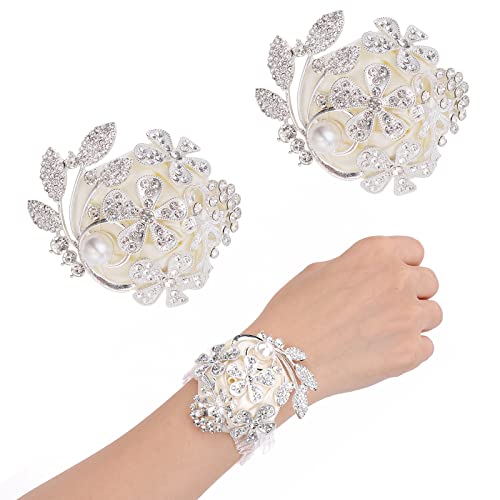 Lusofie Wedding Wrist Corsages with Rhinestones and Pearls