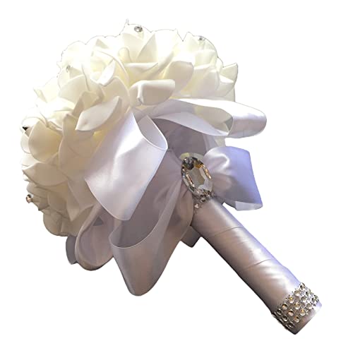 White Bridal Bouquet with Silk Flowers and Ribbon