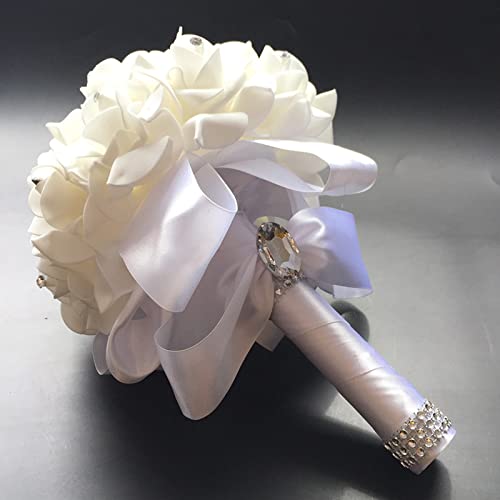 White Bridal Bouquet with Silk Flowers and Ribbon