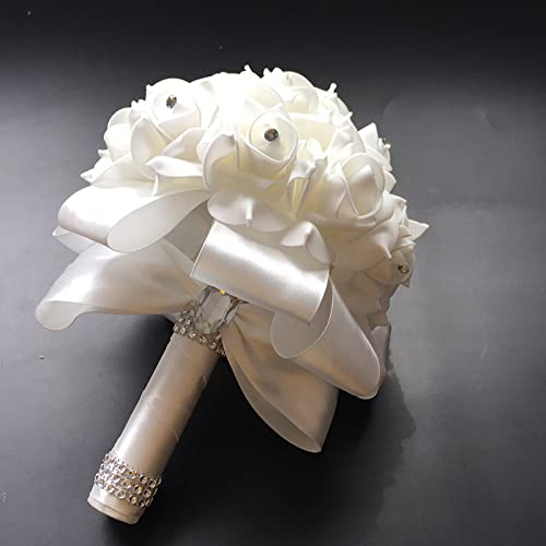 White Bridal Bouquet with Silk Flowers and Ribbon