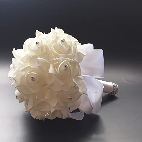 White Bridal Bouquet with Silk Flowers and Ribbon