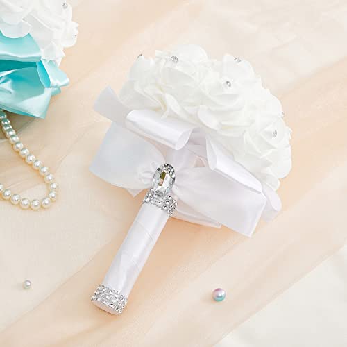 White Bridal Bouquet with Silk Flowers and Ribbon