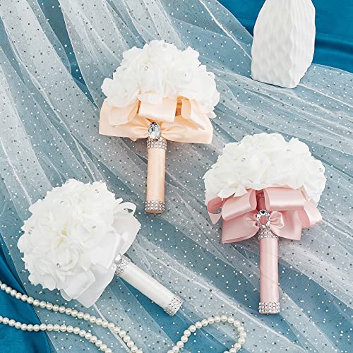 White Bridal Bouquet with Silk Flowers and Ribbon