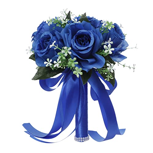 Blue Silk Bridal Bouquet with Roses & Crystal