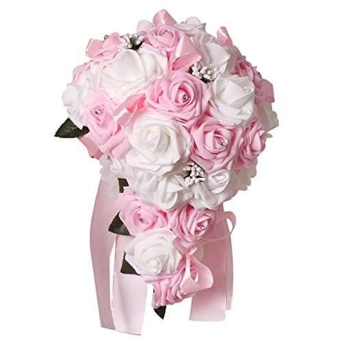 Pink Foam Rose Bridal Bouquet - Handmade